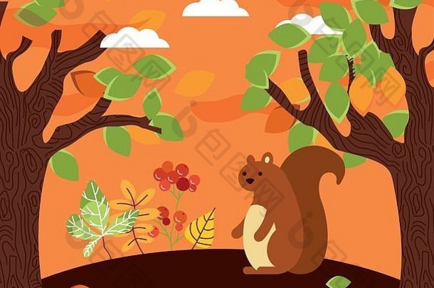 秋季花栗鼠和树木