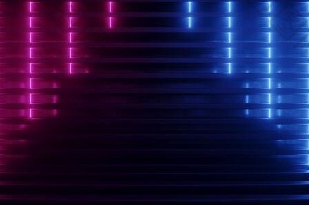 霓虹灯发光的背景紫色的蓝色的激光条纹金属反光结构讲台上阶段仓库房间大厅车库黑暗晚上空形状renderi