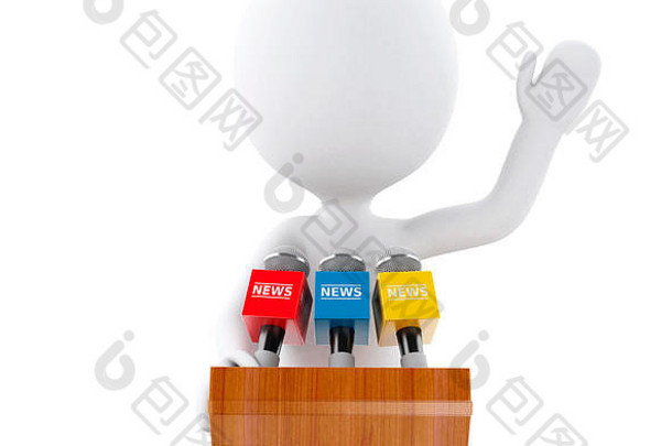 3d渲染器图像。白人在新闻发布会上发言。孤立的白色背景。