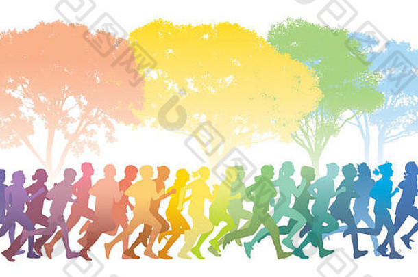 一群年轻人在跑步。背景是五颜六色的树木。