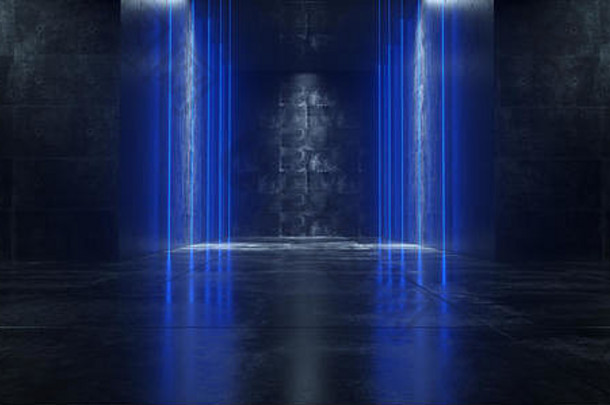 空旷明亮的黑暗垃圾混凝土房间，带有长而明亮的霓虹灯3D渲染插图