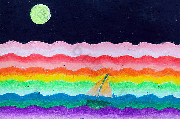 《海中之帆》和《月亮》自由手绘，由年轻艺术家用彩色蜡笔创作，插图儿童正在学习