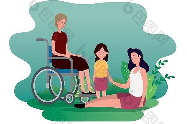 坐在轮椅上的老妇人，带着她的女儿和孙女