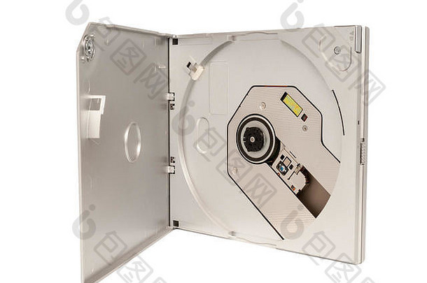 白色背景上隔离的便携式外置超薄CD DVD驱动器