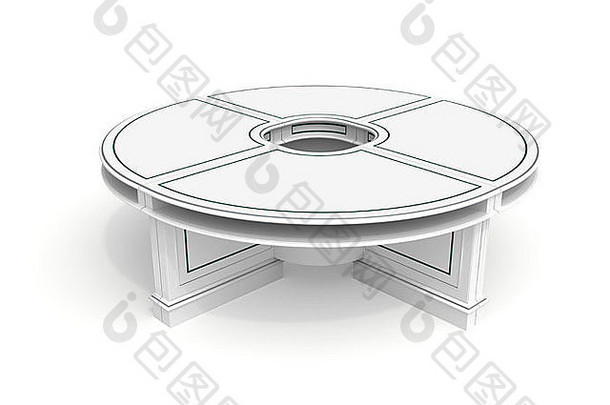 白色木制圆桌，白色背景上半圈隔离，阴影柔和