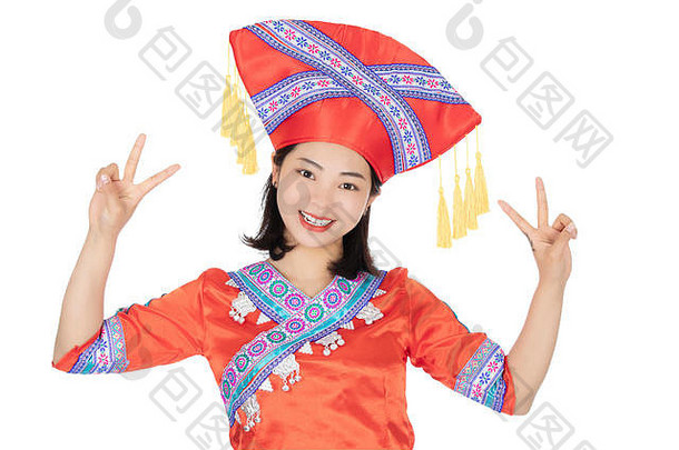 美丽的中国人女人穿着传统的中国人节日服装孤立的白色背景