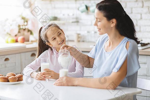妈妈。女儿喝牛奶厨房