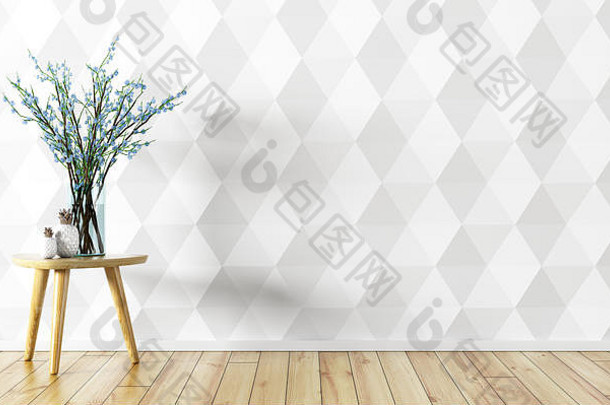 房间内部背景，白色镶板墙上桌子上有带花枝的玻璃花瓶，3d渲染