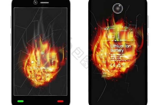 破碎的智能手机爆炸燃烧火