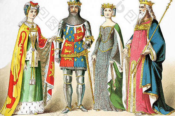 这些数字代表了一位英国贵妇人（1300年代）、黑王子爱德华、菲利帕女王（1369年）和爱德华三世（1377年）。