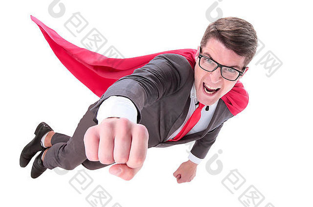 自信的超级英雄商人正飞向你