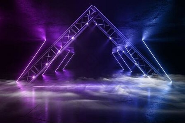 烟雾霓虹科幻经典蓝紫色未来主义外星人飞船赛博金属结构展厅大门入口舞蹈俱乐部时尚混凝土大厅