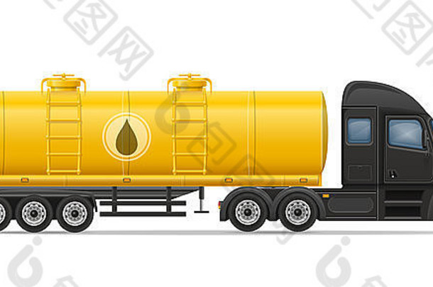 白色背景上隔离的液体储罐的卡车半挂车交付和运输