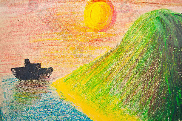 儿童用蜡笔手绘海洋和山脉景观