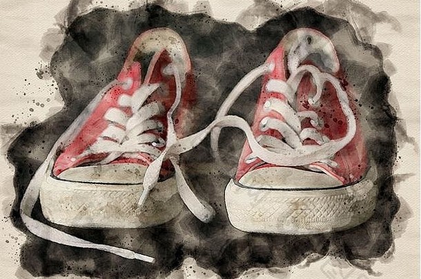 水彩画：一双破旧的红色帆布运动鞋，鞋带未系紧-红色和白色复古鞋-黑色背景上的年轻时髦鞋。