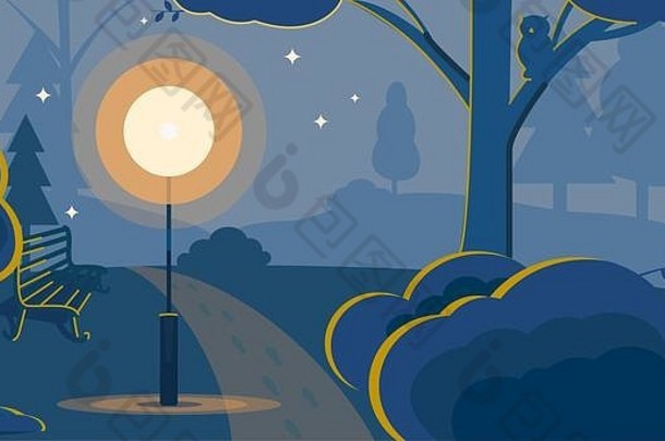 带长凳和路灯的夜间公园-插图