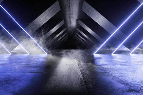 烟雾霓虹灯未来派灯光发光三角形科幻复古抽象形状激光器蓝色振动柱混凝土垃圾反射隧道外星人飞船Sta