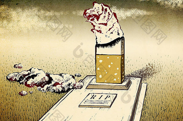 概念上的插图墓碑上燃烧香烟形状描绘概念<strong>吸烟</strong>杀死