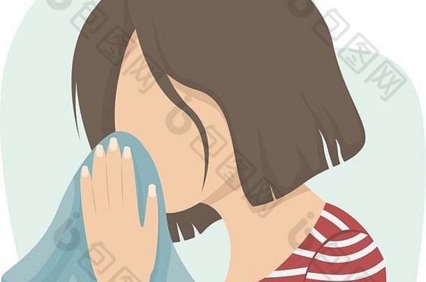 那个女孩朝手帕打喷嚏。如何正确咳嗽。预防冠状病毒的措施。