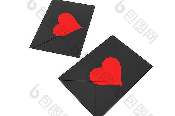 <strong>黑色信封</strong>，红色心形邮票，白色背景。