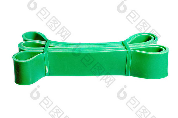 扭曲的绿色橡胶腕带隔离在白色上。高分辨率照片。