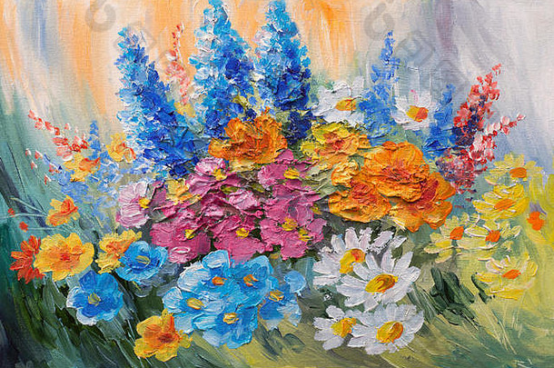 油画-抽象的春天花束，彩色水彩