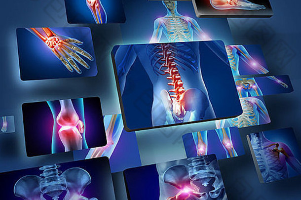 人体关节的概念与骨骼解剖的身体与一组小组的疼痛关节发光作为疼痛和伤害或关节炎疾病的象征，医疗保健和医疗症状。