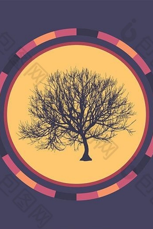 技术彩色圆形背景与树木。抽象数字插图。连接概念。电子圆设计。现代抽象线与点