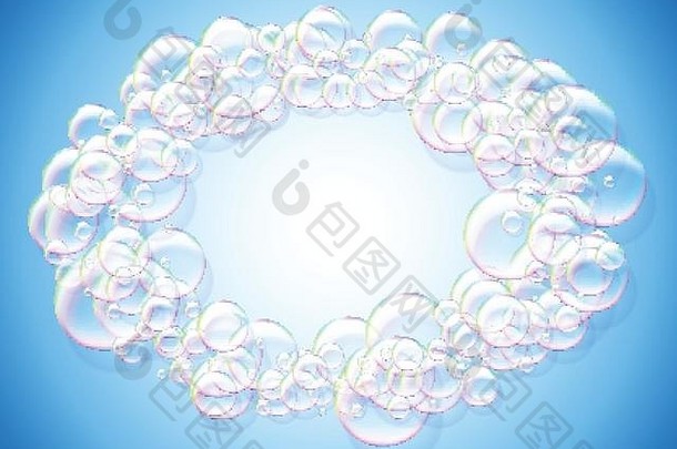 肥皂泡沫摘要蓝色的背景彩虹彩色的艾里泡沫轮框架