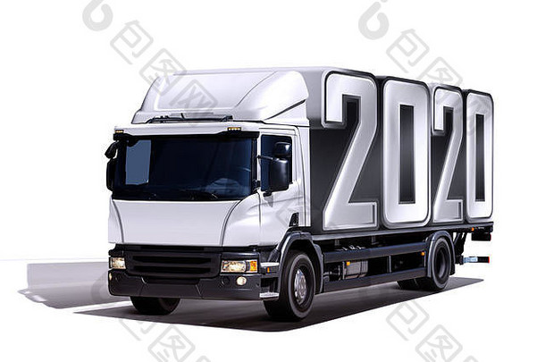 卡车以集装箱的形式交付2020<strong>年货</strong>物的3d插图，隔离