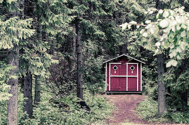 北欧森林中的传统红房子，阴暗恐怖