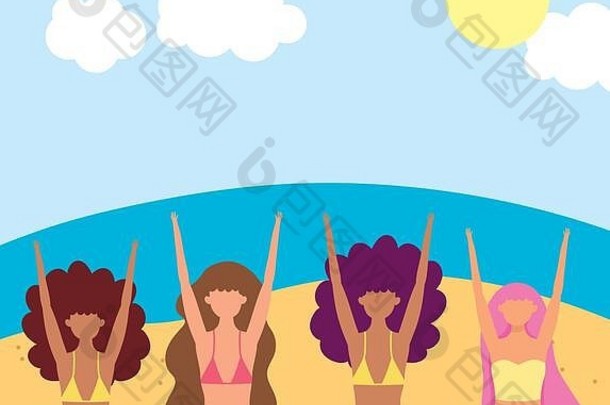 夏日人流活动，伊巴赫热带风光中穿着比基尼的快乐女孩，海滨放松和户外休闲表演