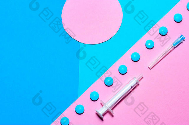 医疗的东西药片简约平躺复制空间纸背景蓝色的粉红色的