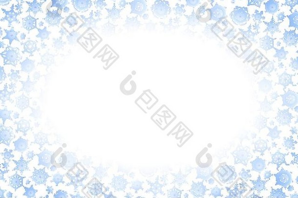 水平圣诞框架，白色上有大量蓝色雪花，并带有文本位置