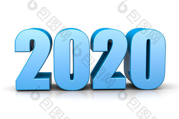 白色背景上的蓝色<strong>2020</strong>年数字文本3D插图