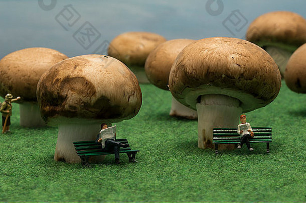 小人物木偶坐在蘑菇制成的森林里的蘑菇上