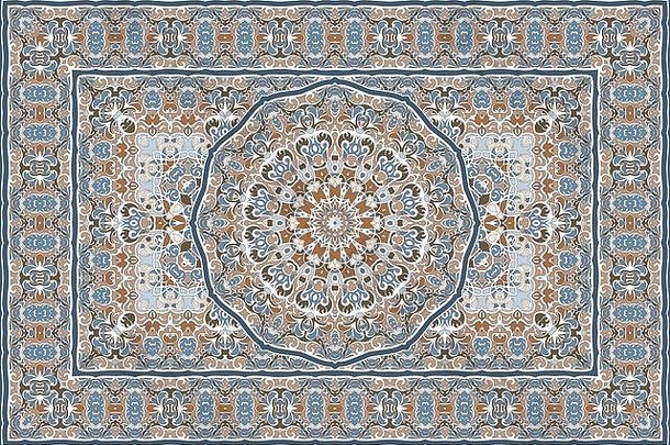 复古阿拉伯图案。波斯色地毯。丰富的装饰面料设计，手工制作，室内装饰，纺织品。蓝色背景。