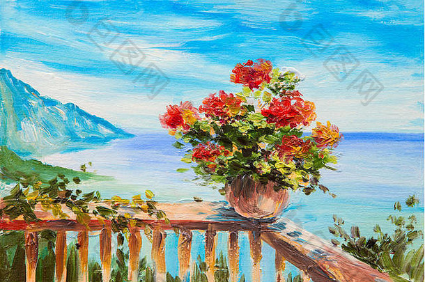 油画风景-地中海背景下的一束鲜花，靠近群山