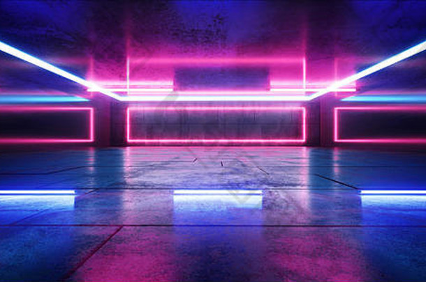 sci霓虹灯灯混凝土难看的东西走廊大厅画廊工作室充满活力的矩形形状的框架光激光空空间发光的紫色的蓝色的平铺的飞路粉