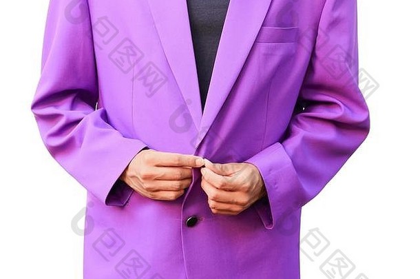 帅气优雅的年轻时尚男士，紫色套装，白色底色系纽扣