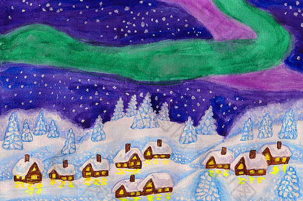 手绘圣诞插图、天空中有北极光的风景、雪中的房屋和冷杉、水彩画、水粉画。