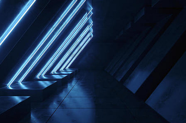 科幻霓虹灯闪烁着充满活力的蓝色激光荧光管形状的灯优雅的现代反射式混凝土地面瓷砖走廊隧道入口3D R