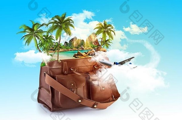 开放旅行袋热带岛海滩海水棕榈树飞机飞行云异国情调的旅行概念艺术