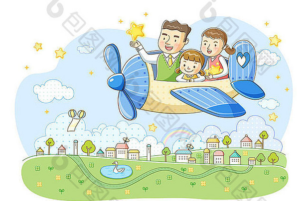 一家人坐在飞机上的插图