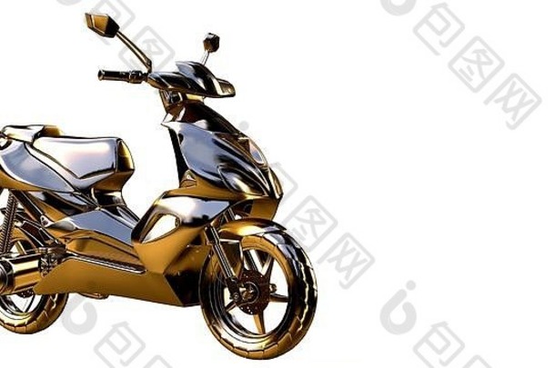 一辆金色摩托车在白色背景上的3d渲染