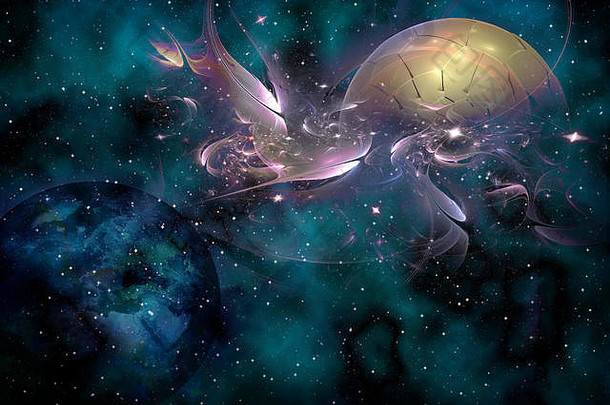 具有行星和空间物体的宇宙和恒星星系的抽象表示。