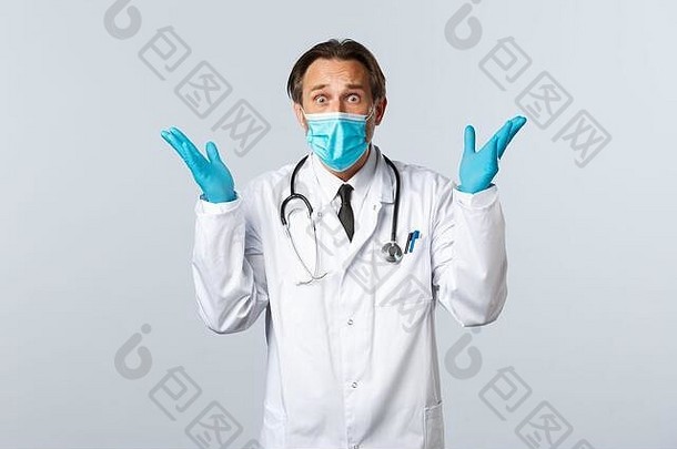 科维德防止病毒医疗保健工人疫苗接种概念警觉担心医生医疗面具手套盯着焦虑手