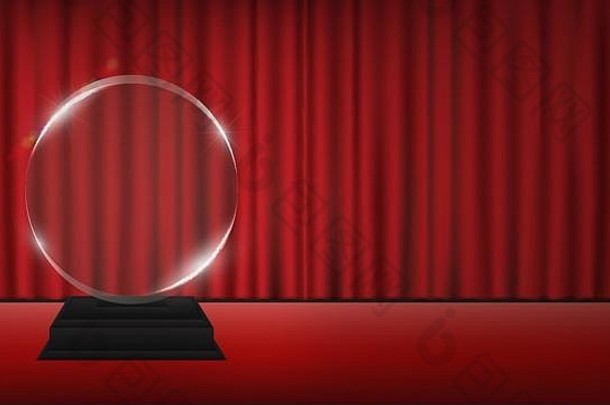 真实3d透明亚克力奖杯，红色窗帘舞台背景