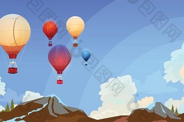 五颜六色的气球在夏季景观平面上空飞行