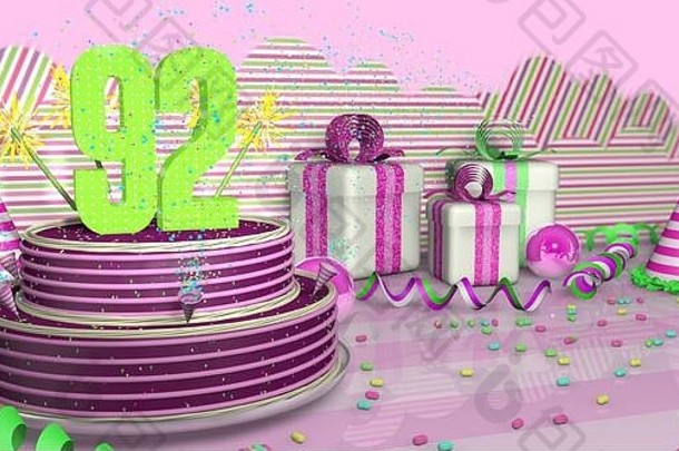紫色的轮生日蛋糕装饰色彩斑斓的火花粉红色的行明亮的表格绿色飘带聚会，派对帽子礼物盒子粉红色的